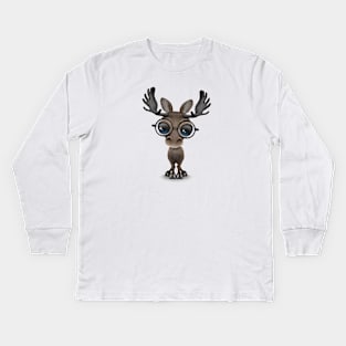 Cute Curious Baby Moose Nerd Wearing Glasses Kids Long Sleeve T-Shirt